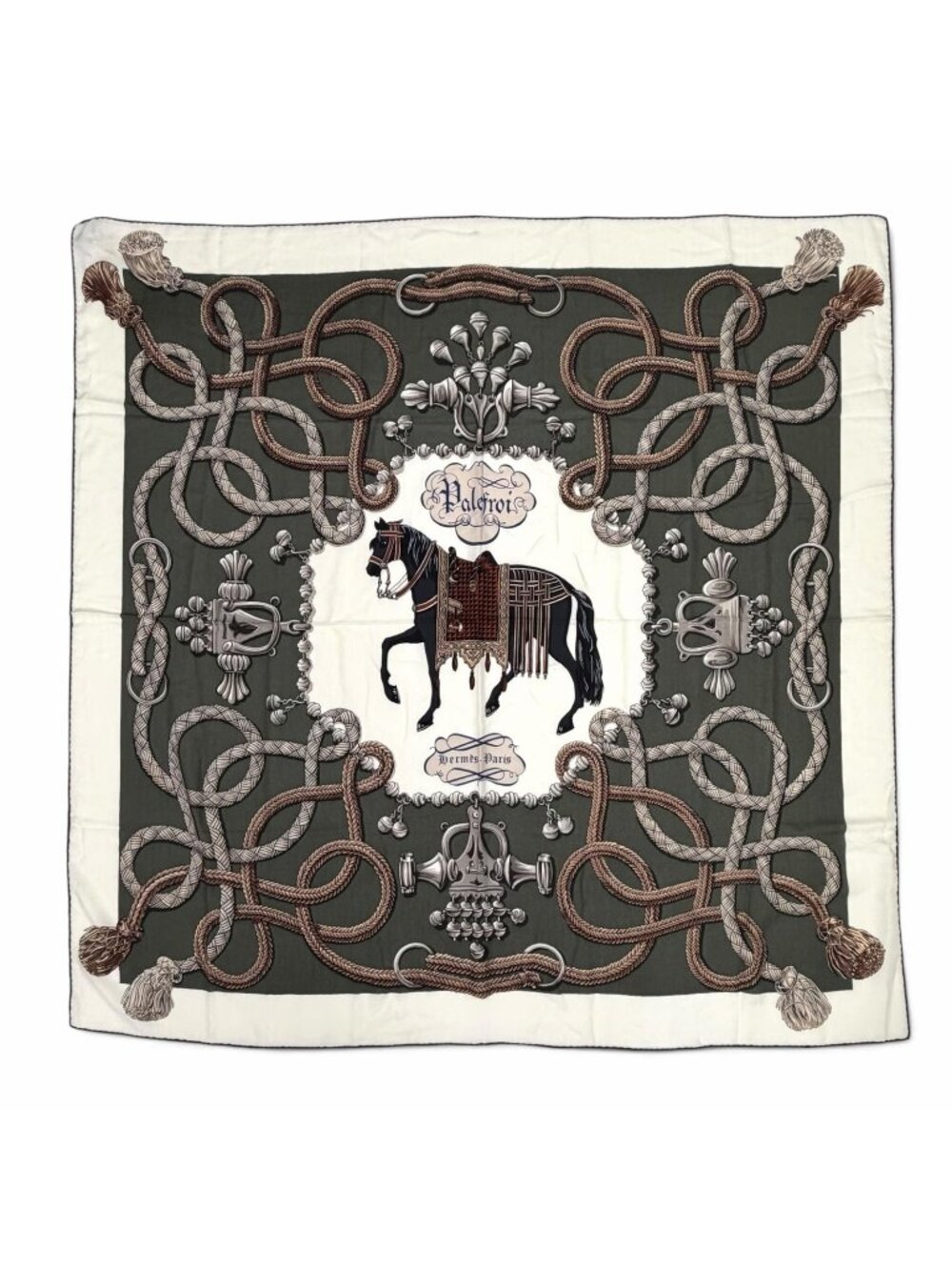 Hermes Carre Geant 140 Palfrowa Cashmere Silk Blend SC Blanc Loden Gray Large